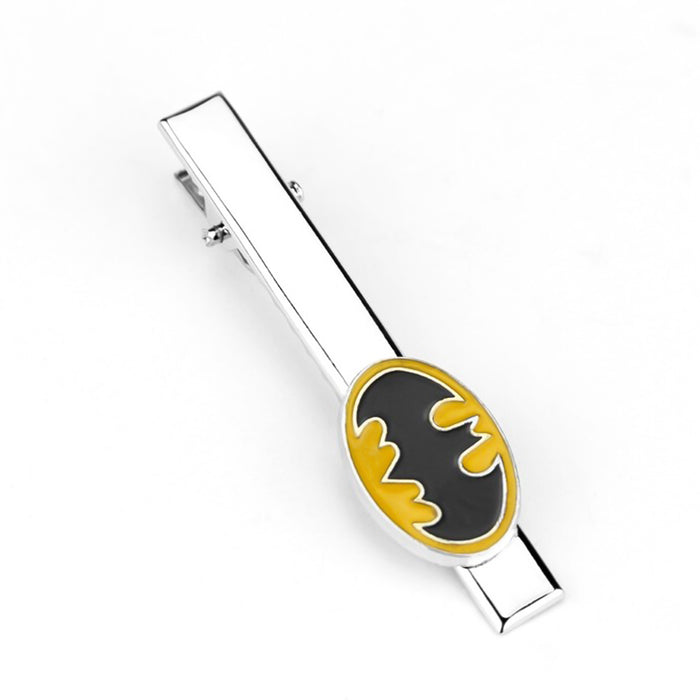 Batman Tie Clip Silver Black and Yellow Oval Superhero Image Top