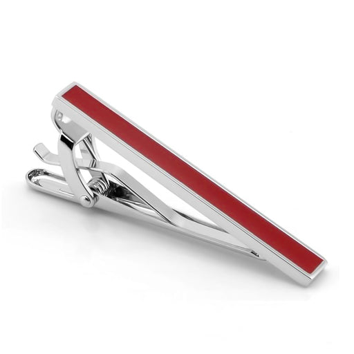 Medium Length Silver Tie Clip With Glossy Maroon Centre Inlay High Quality Front View