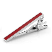 Medium Length Silver Tie Clip With Glossy Maroon Centre Inlay High Quality Side View
