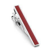 Medium Length Silver Tie Clip With Glossy Maroon Centre Inlay High Quality Top View