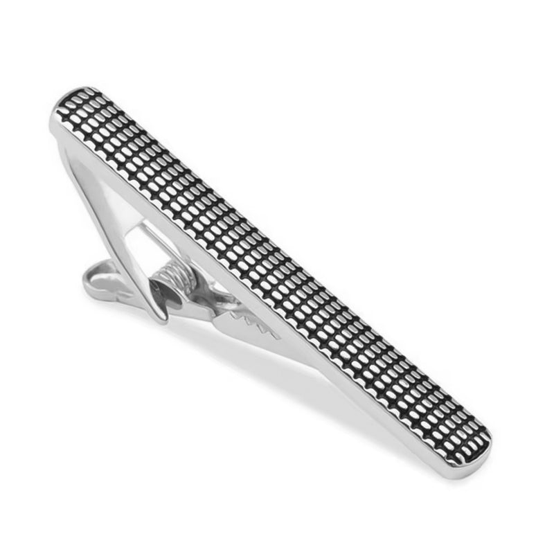 Black Square Engraved Pattern Tie Clip For Men High-Quality Silver Side Image