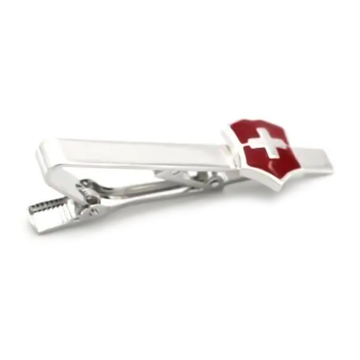 Swiss Cross Shield Tie Clip For Men Silver and Red Side View