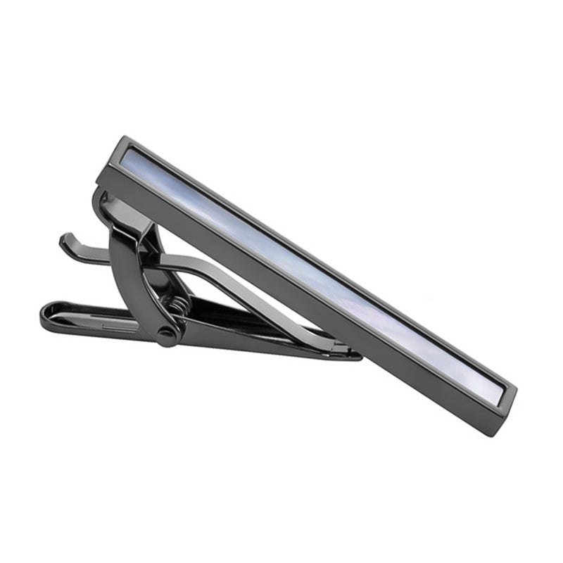 Short Gunmetal Black Tie Clip With Pearl Centre Side View