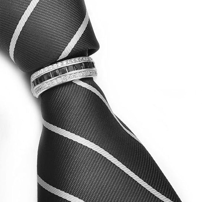 Tie Ring - Decorative Crystal Stone Black Centre (Silver)