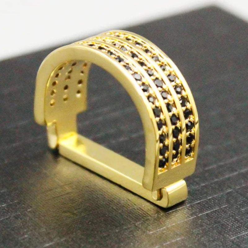 Decorative Crystal Tie Ring Gold With Black Stone Three Row Display View