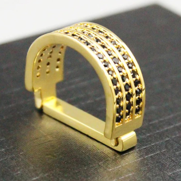 Decorative Crystal Tie Ring Gold With Black Stone Three Row Display View