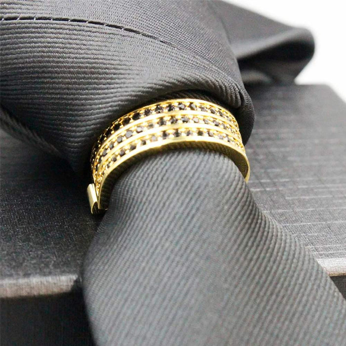 Tie Ring - Decorative Crystal Three Row (Gold & Black)