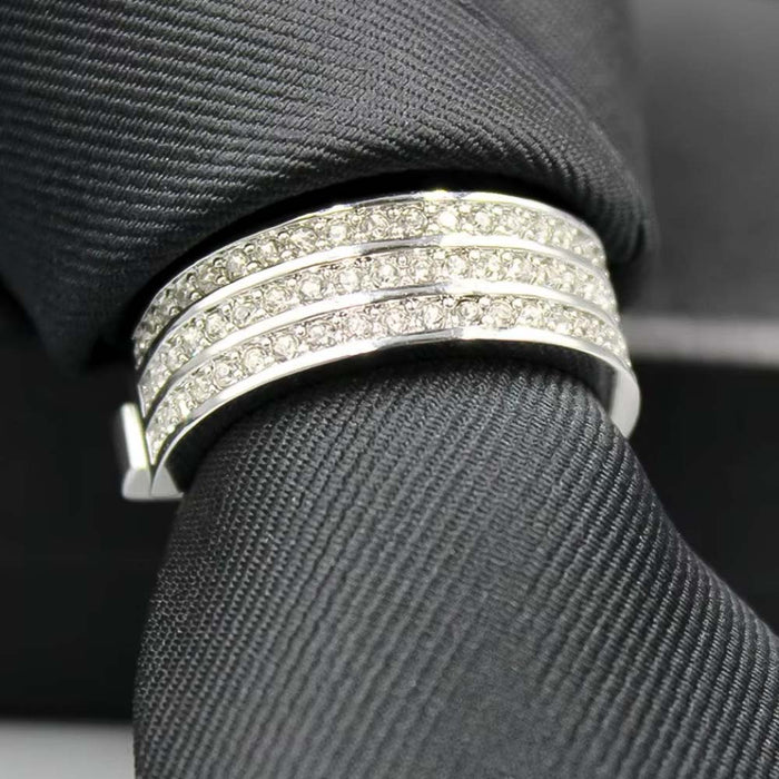 Decorative Crystal Tie Ring Silver Three Row On Neck Tie