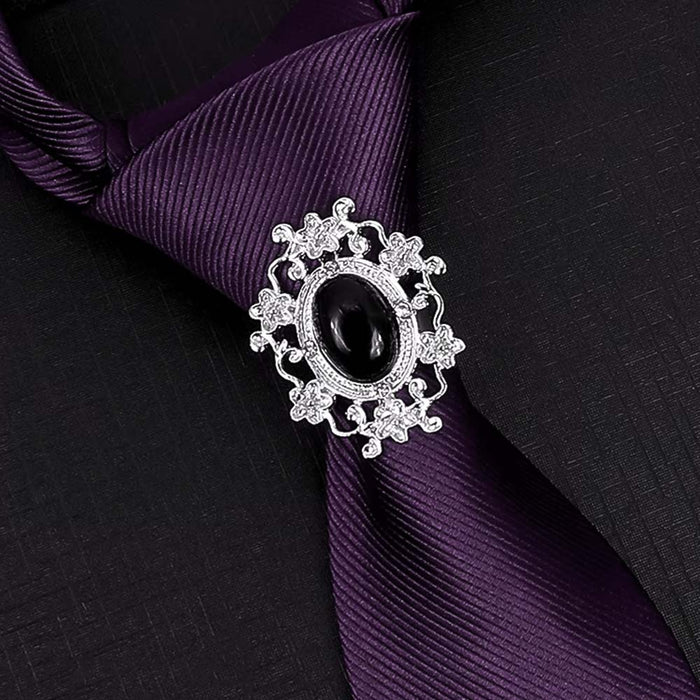 Decorative Silver Tie Ring Hoop For Men With Centered Black Jewel On Neck Tie