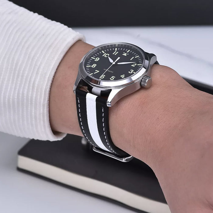 Watch Strap 18mm Black White Racing Stripe Thick (Genuine