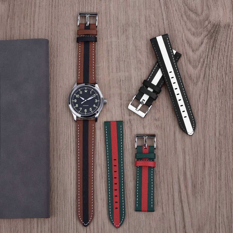 Watch Strap 20mm - Black & White Racing Stripe Thick with White Stitching (Genuine Leather)