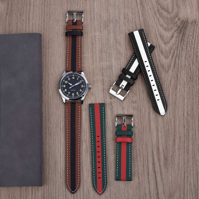 Watch Strap 18mm - Brown & Black Racing Stripe Thick with White Stitching (Genuine Leather)