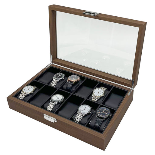 Walnut Brown Watch Box Display Case 12 Slot With Black Interior Open Display