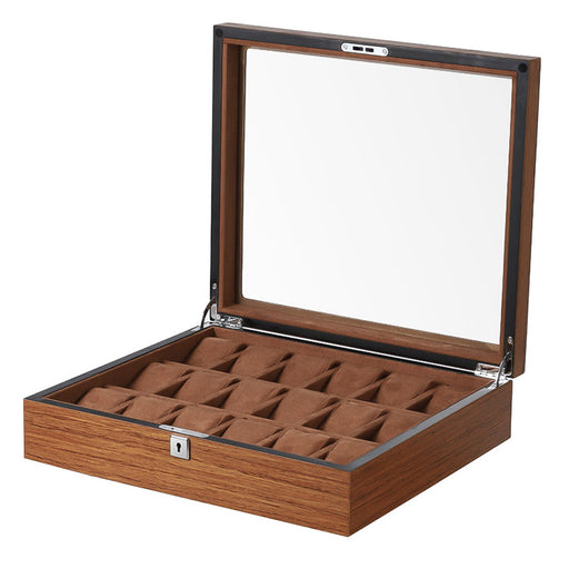 18 Watch Box Case Matte Brown Wood With Key High Quality Side View