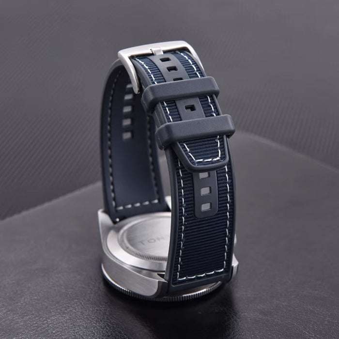 Tratto 22mm Navy Blue Watch Strap For Men Nylon Silicone Hybrid With Stitching Bottom Display View
