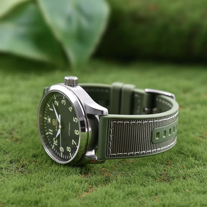 Tratto 22mm Khaki Green Watch Strap For Men Nylon Silicone Hybrid With Stitching Display View