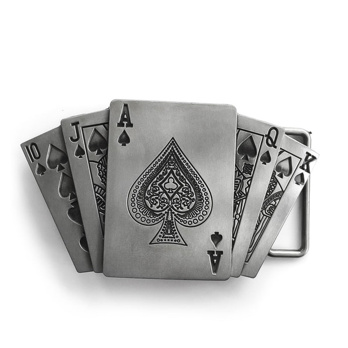 Casino Playing Cards Belt Buckle Poker Royal Flush Pewter Grey Front