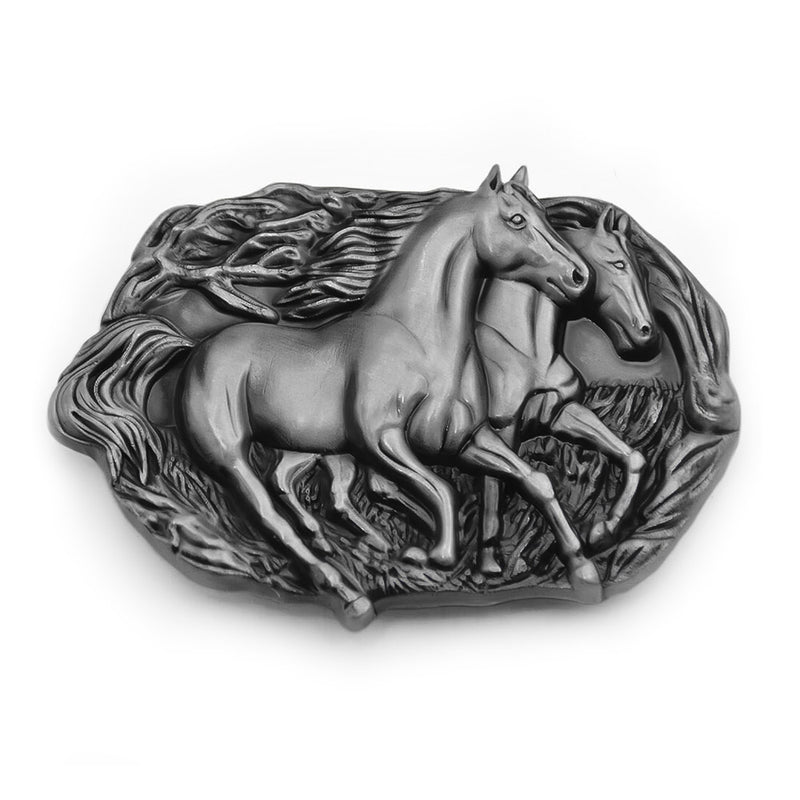 Running Horses Belt Buckle Pewter Grey Front