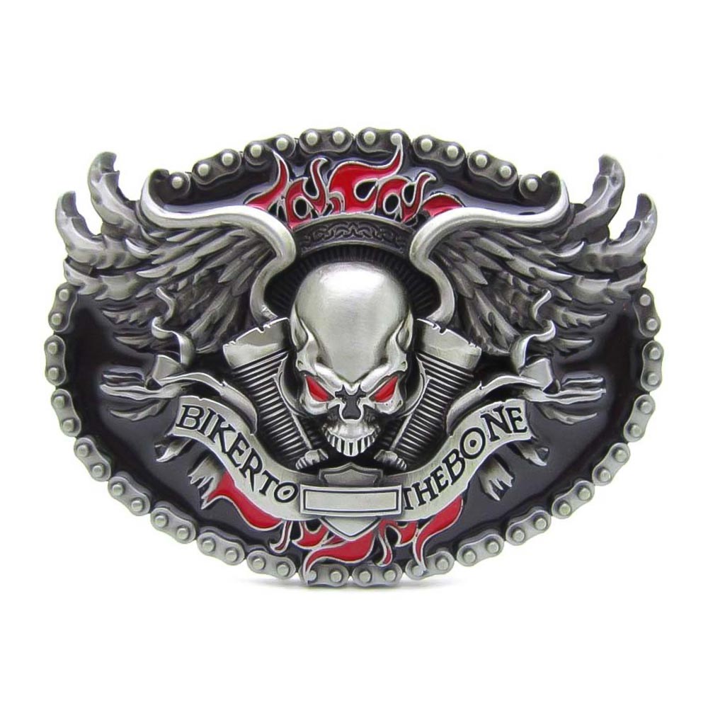 Biker To The Bone Skull Motorcycle Belt Buckle Pewter Grey Red