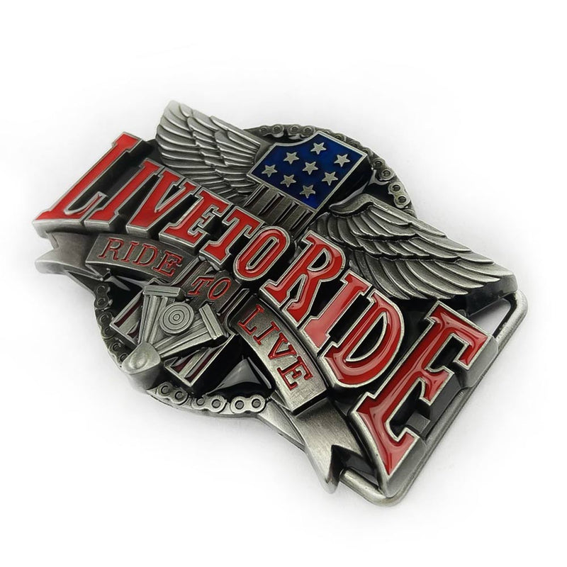 Belt Buckle - Motorcycle Live To Ride Wings (Pewter Grey & Red)