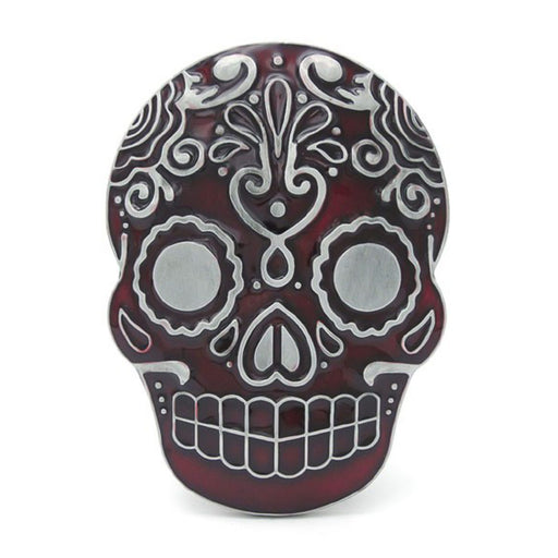 Mexican Sugar Skull Belt Buckle Pewter Grey and Maroon