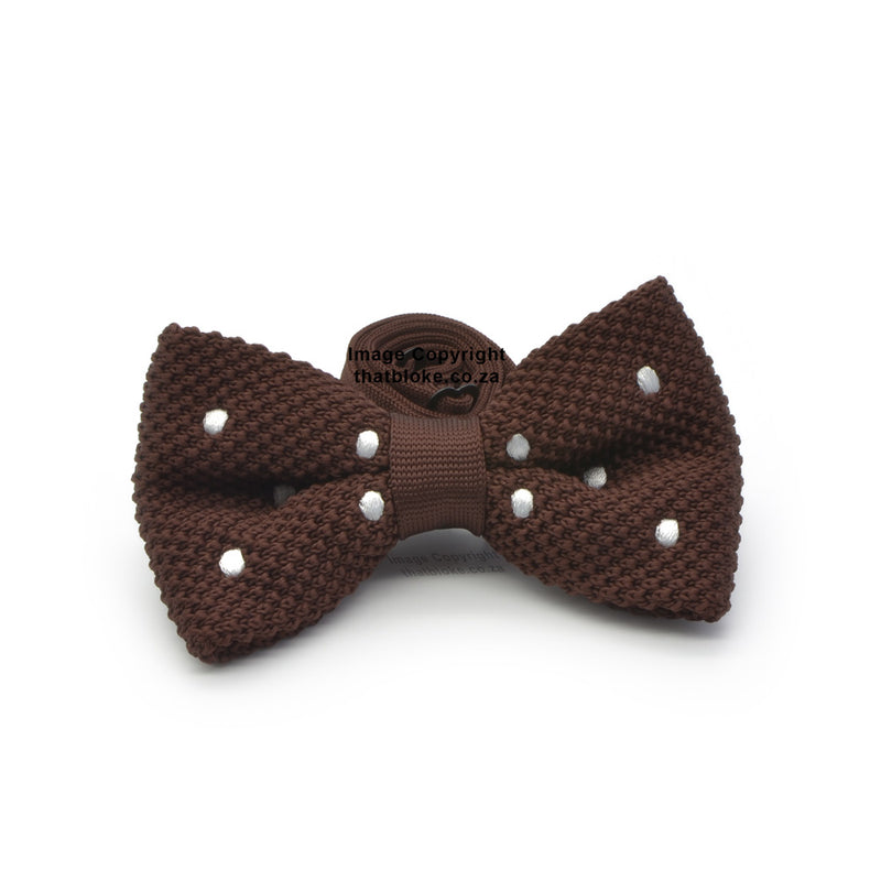 Rich Dark Chocolate Brown Bow Tie Knitted With White Polkadots Front