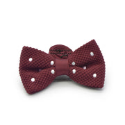 Knitted Maroon Bow Tie With White Polkadots Front View