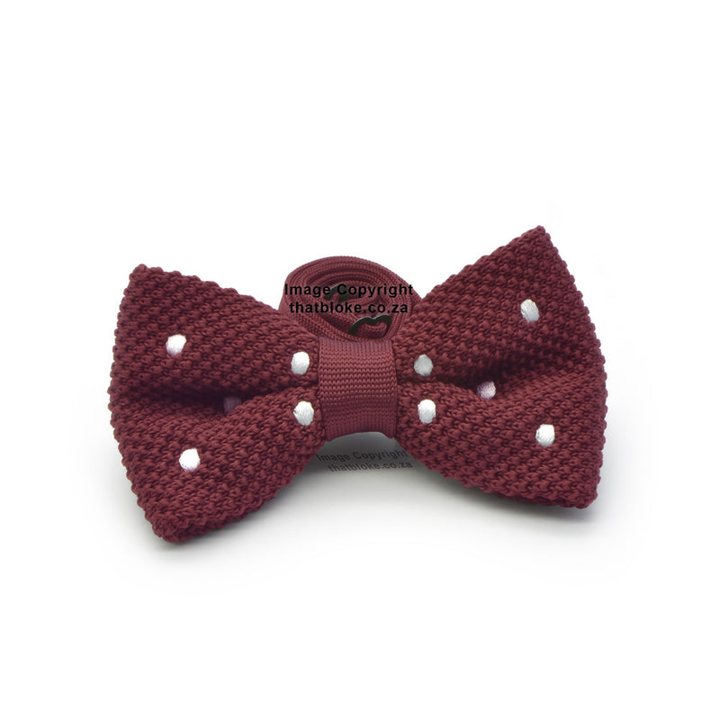 Knitted Maroon Bow Tie With White Polkadots Front View