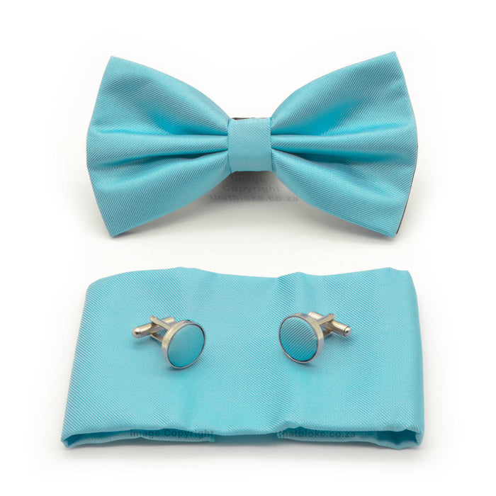 Aqua Blue Bow Tie and Pocket Square For Men Textured Polyester
