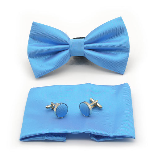 Maya Blue Bow Tie and Pocket Square Set For Men Cyan Polyester