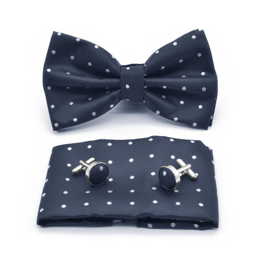 Navy Blue Bow Tie Pocket Square Set With Polkadots
