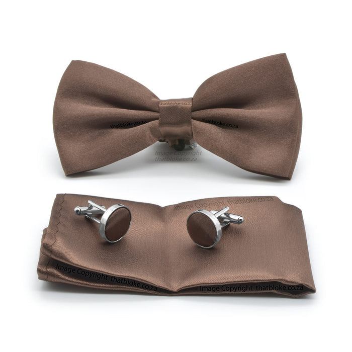 Chocolate Brown Bow Tie Pocket Square Set For Men Silky Polyester
