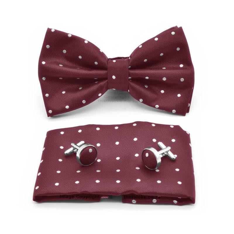Maroon Bow Tie Pocket Square Set White Polkadots Polyester