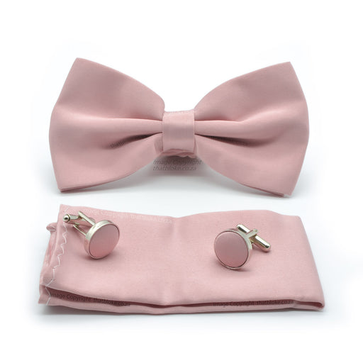 Dusty Pink Bow Tie Pocket Square Set For Men Silky Polyester