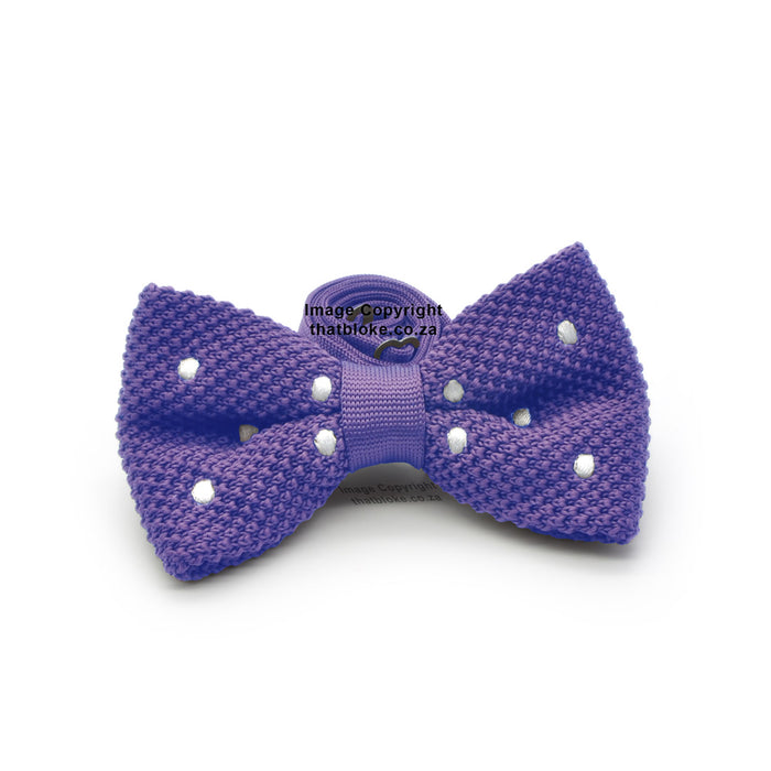Knitted Royal Purple Bow Tie With White Polkadots Front View