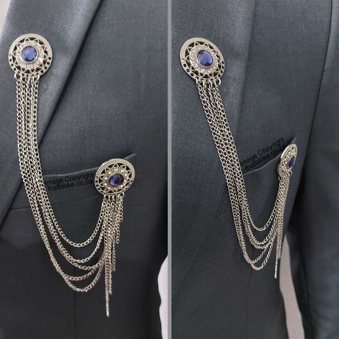 Round Circular Chain Jewel Brooch Silver For Men On Suit