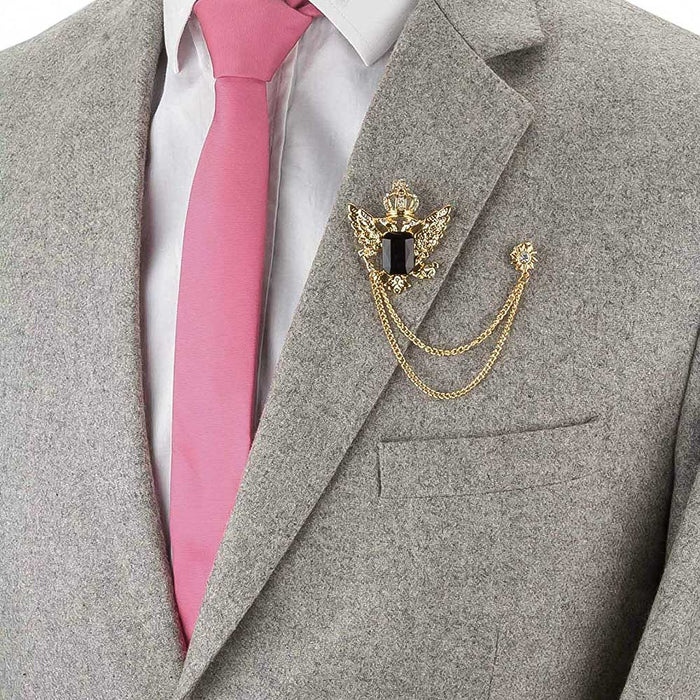 Gold Crown Wings Brooch For Men With Double Chain On Suit