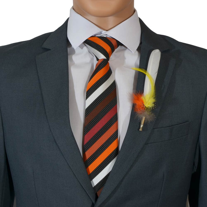 White Mens Feather Brooch Orange Yellow Lapel Image Close Up