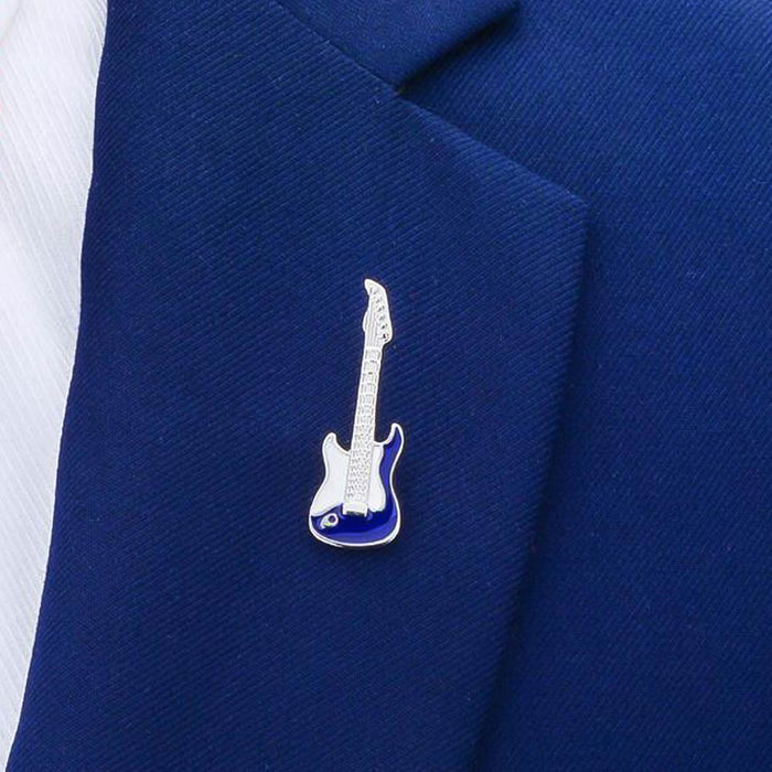 Electric Guitar Brooch Silver Navy Blue On Jacket