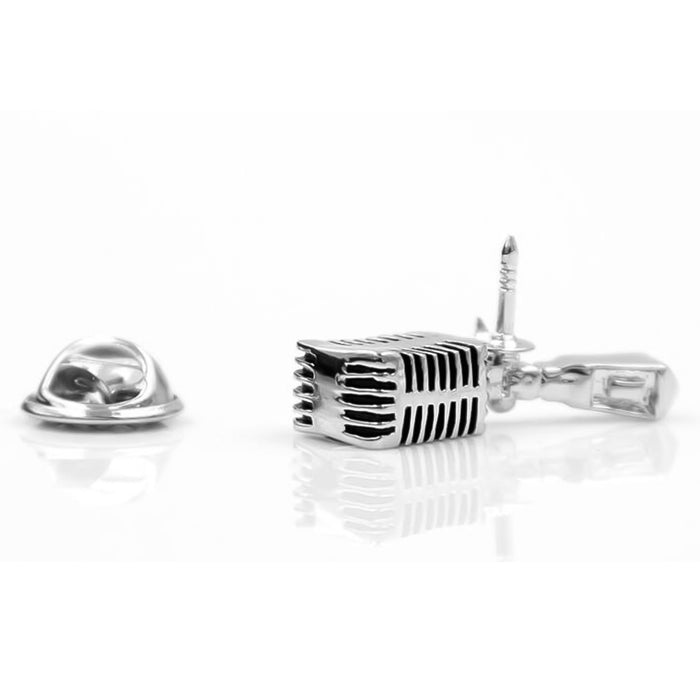 Music Microphone Brooch For Men Silver and Black Side View