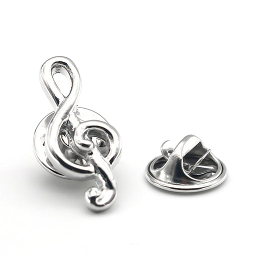 Treble Clef Music Note Brooch Pin For Men Silver Front View