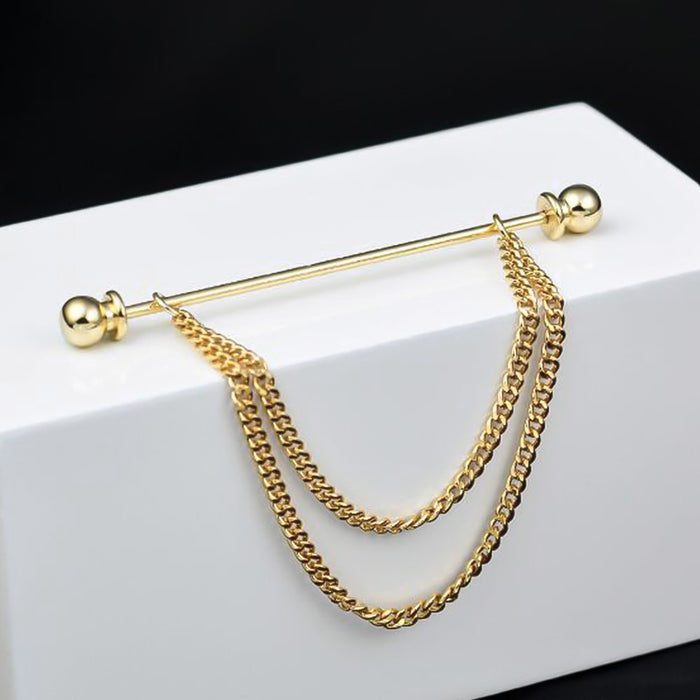 Gold Collar Bar Pin Round Knob Double Chain Display