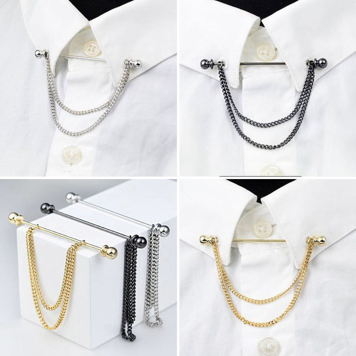 Collar Bar Pin - Round Knob Double Chain (Silver)