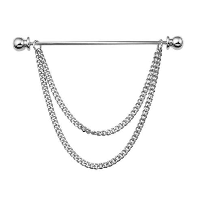 Silver Collar Bar Pin Round Knob Double Chain