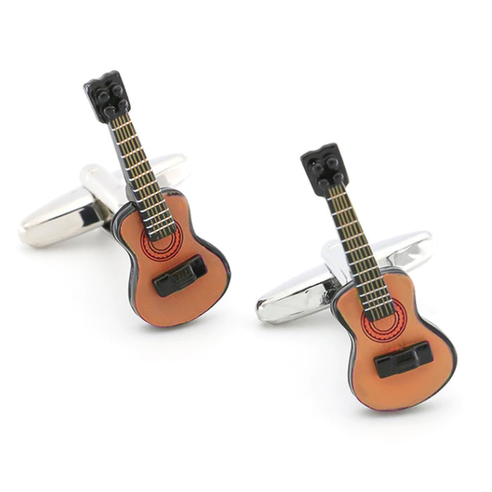 Acoustic Guitar Cufflinks Silver and Light Brown Front display