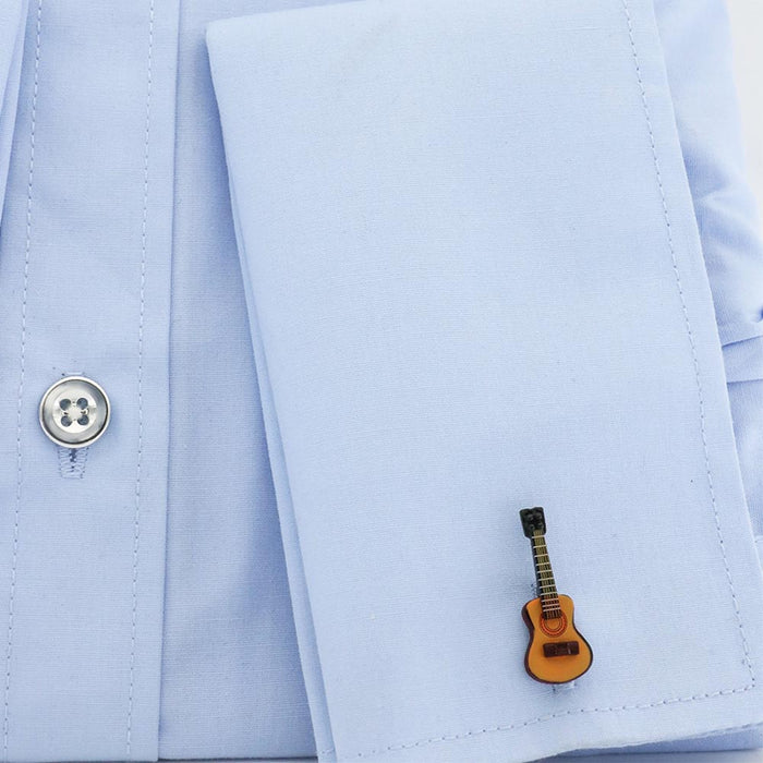 Acoustic Guitar Cufflinks Silver and Light Brown On Shirt Sleeve