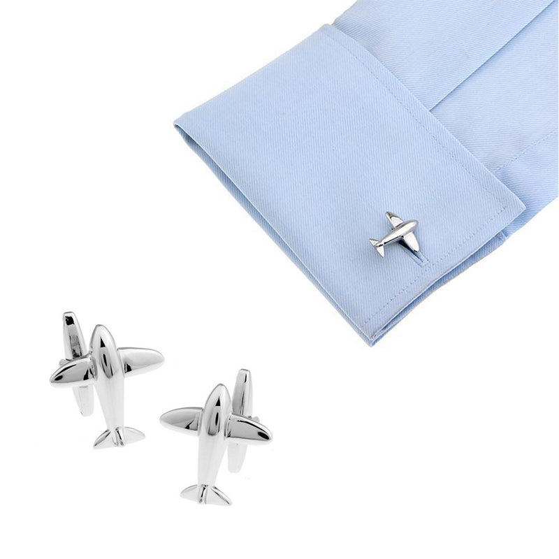 Aeroplane Cufflinks Silver Image On Shirt Sleeve