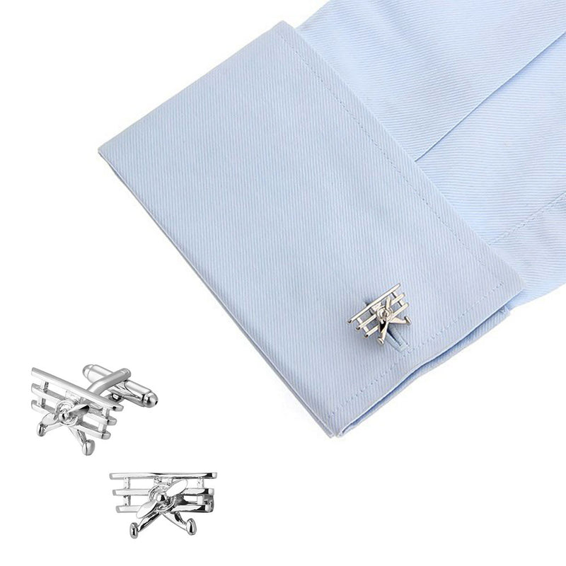Airplane Cufflinks Triplane Silver Image On Shirt Sleeve