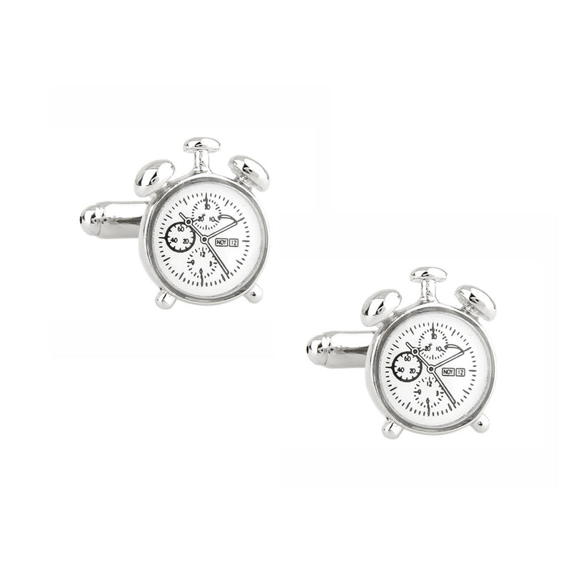Classic Alarm Clock Cufflinks Silver Pair