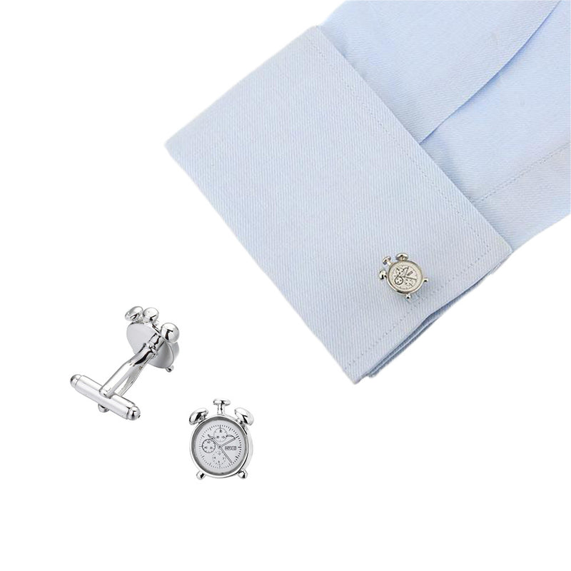 Classic Alarm Clock Cufflinks Silver On Shirt Sleeve